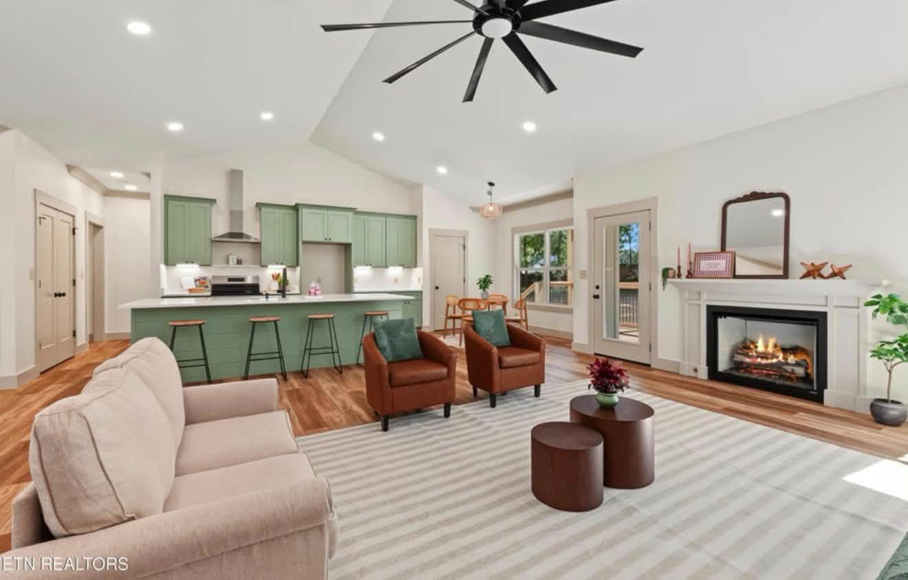 Staged living room with fireplace